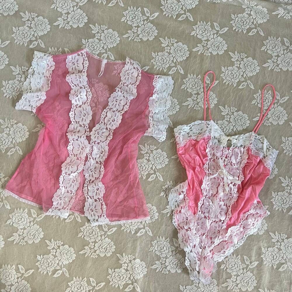 Vintage Alana Gale Pink Lace Teddy & Robe Set Size Medium